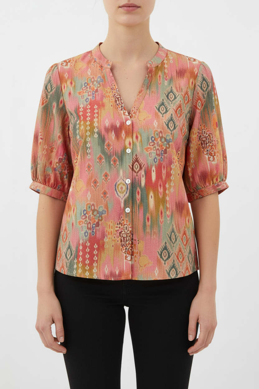 SUENTA Manda | Damen Bluse – Tyriana-Print, V-Ausschnitt & Kurze Ärmel