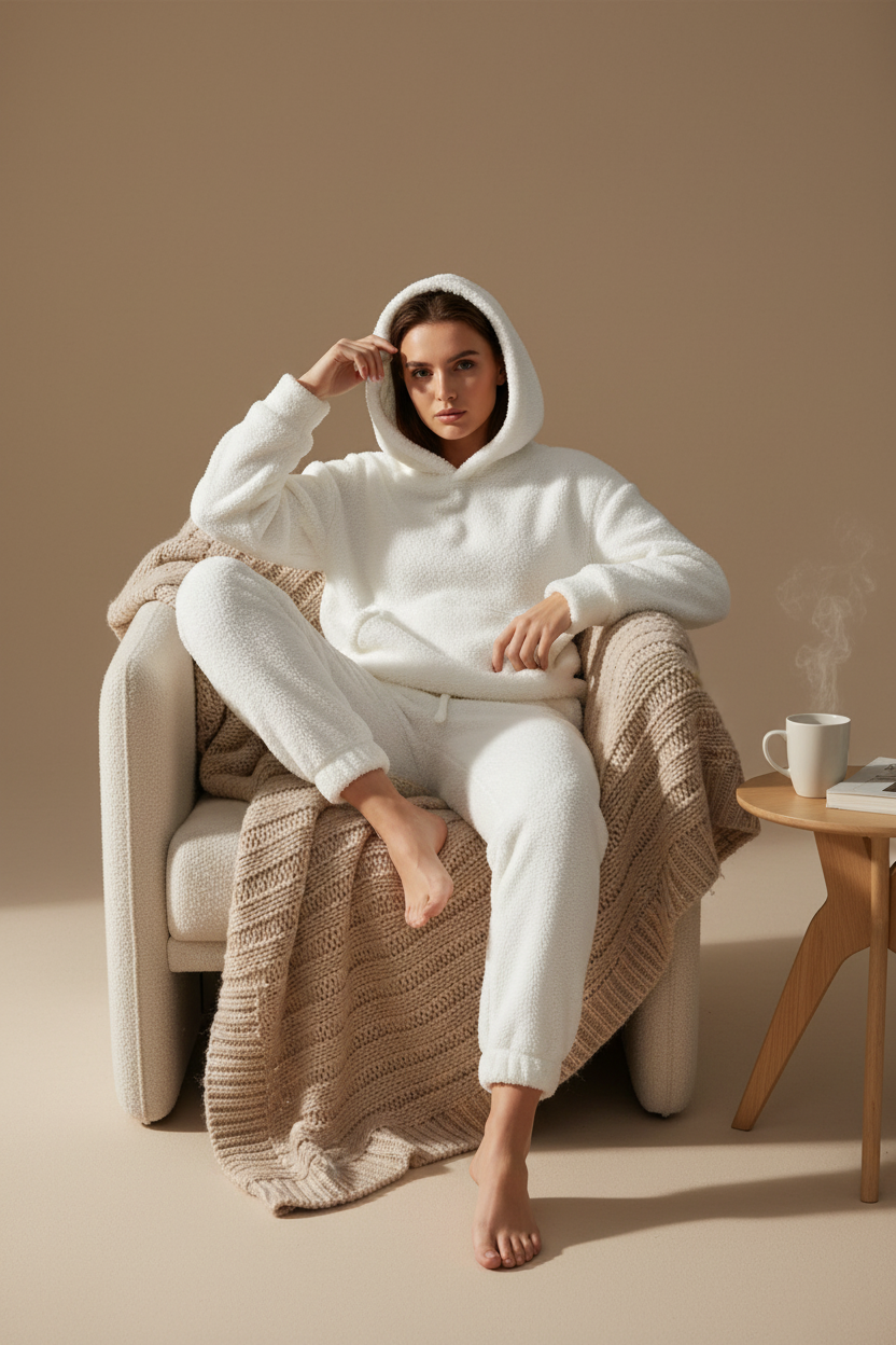 SUENTA Teddy-Hausanzug Langen Hoodie Mit Praktischer Kängurutasche Und Passende Hosen