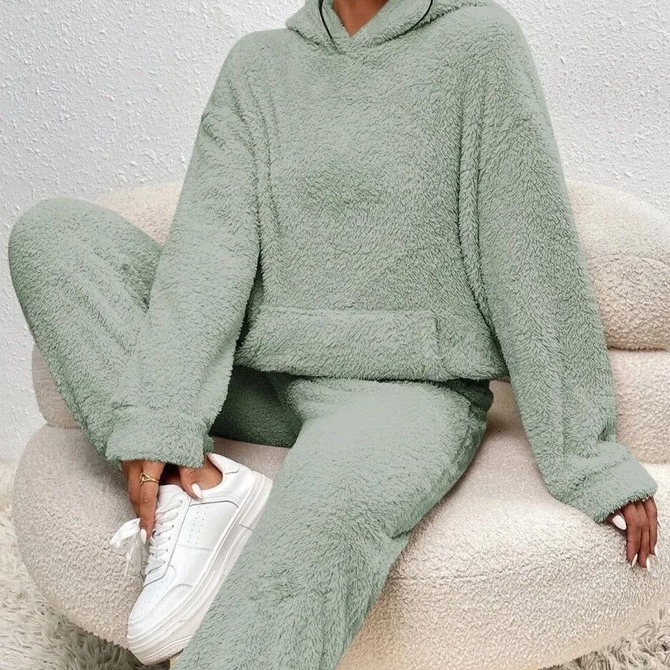 SUENTA Teddy-Hausanzug Langen Hoodie Mit Praktischer Kängurutasche Und Passende Hosen Grün