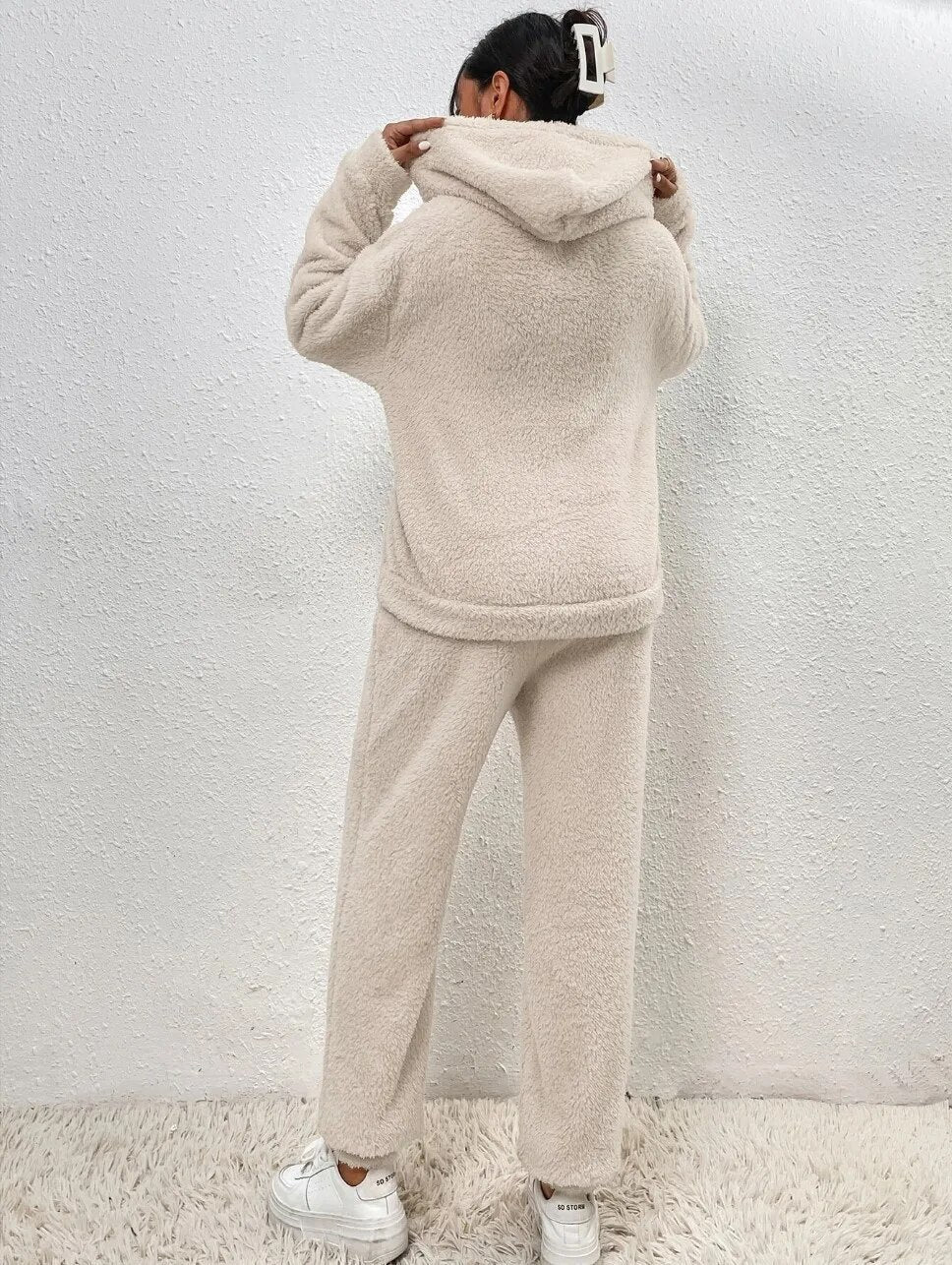 SUENTA Teddy-Hausanzug Langen Hoodie Mit Praktischer Kängurutasche Und Passende Hosen