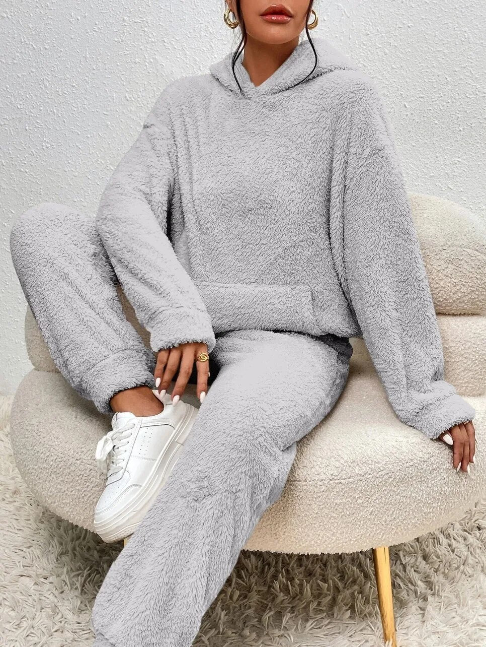 SUENTA Teddy-Hausanzug Langen Hoodie Mit Praktischer Kängurutasche Und Passende Hosen Grau