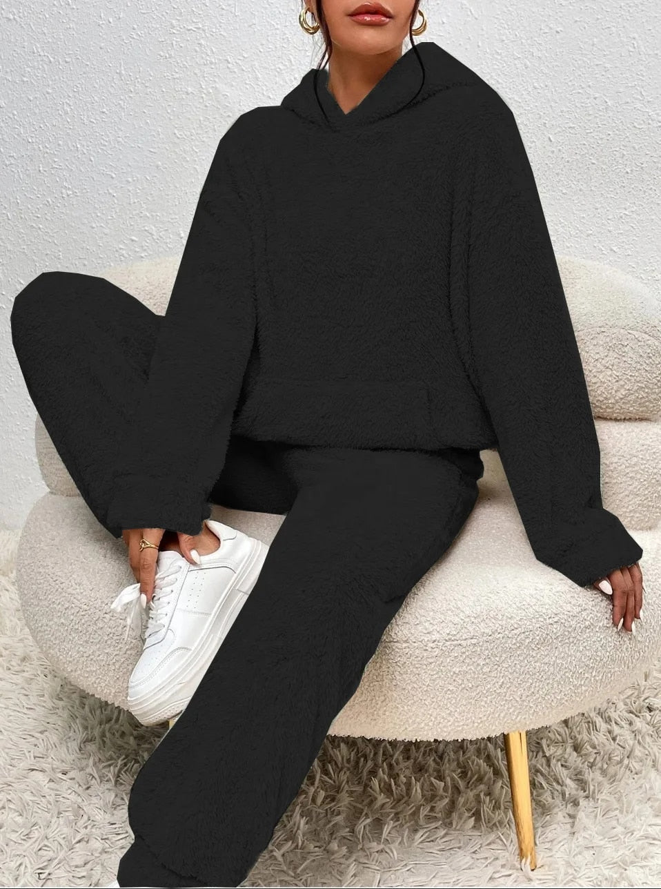 SUENTA Teddy-Hausanzug Langen Hoodie Mit Praktischer Kängurutasche Und Passende Hosen Schwarz