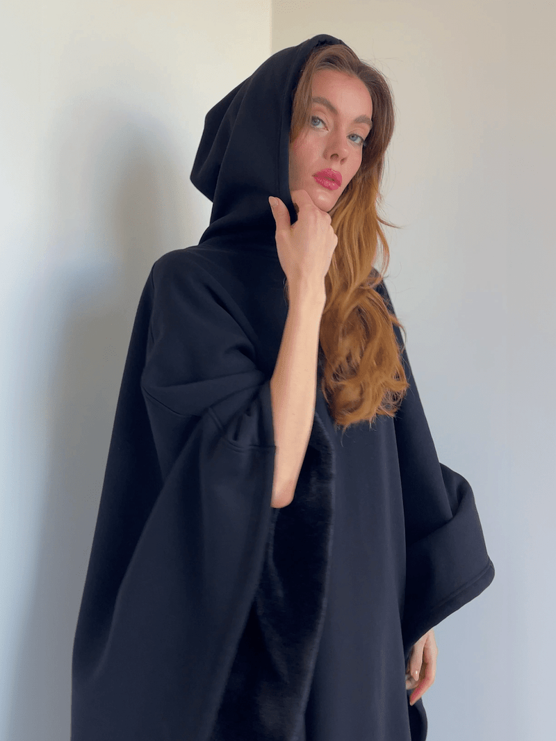SUENTA Unisex Poncho Mit Kapuze Fleecefutter Oversize Wärme