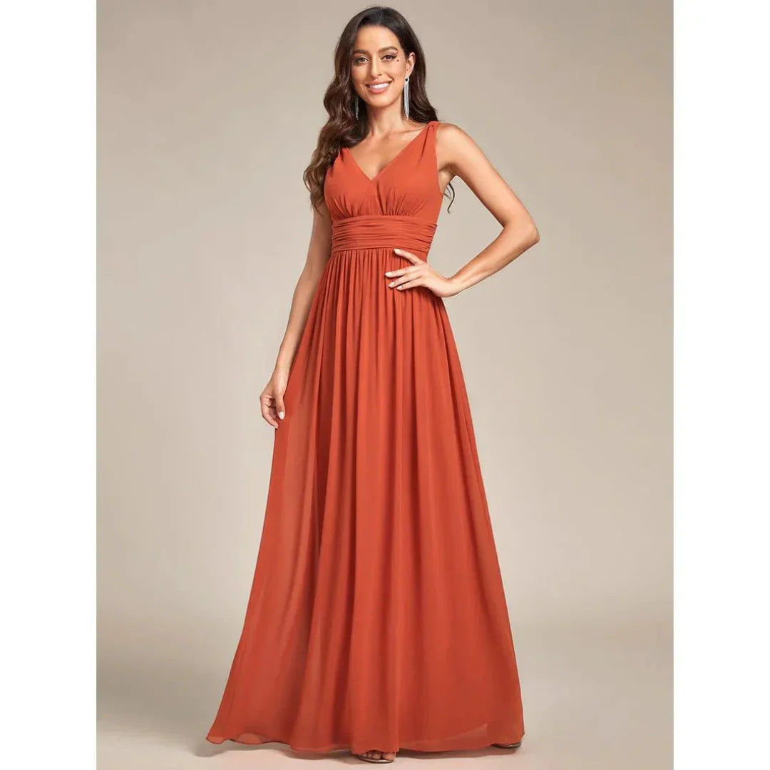 SUENTA Damen Elegantes Maxi Kleid – Ärmelloses Kleid mit V-Ausschnitt Orange