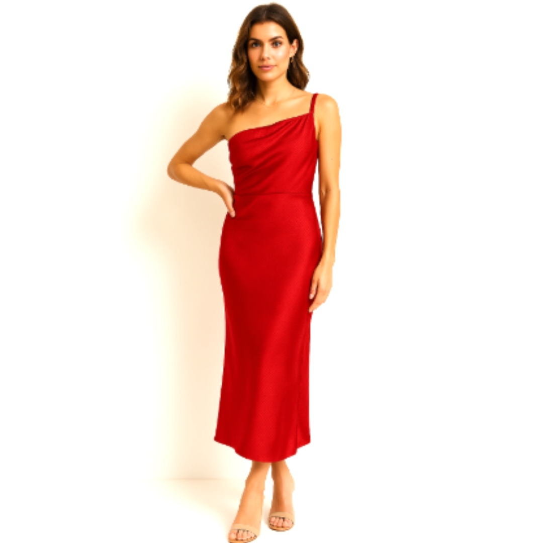 SUENTA Damen Midi-Kleid für Hochzeitsgäste - Formell mit einer Schulter Rot