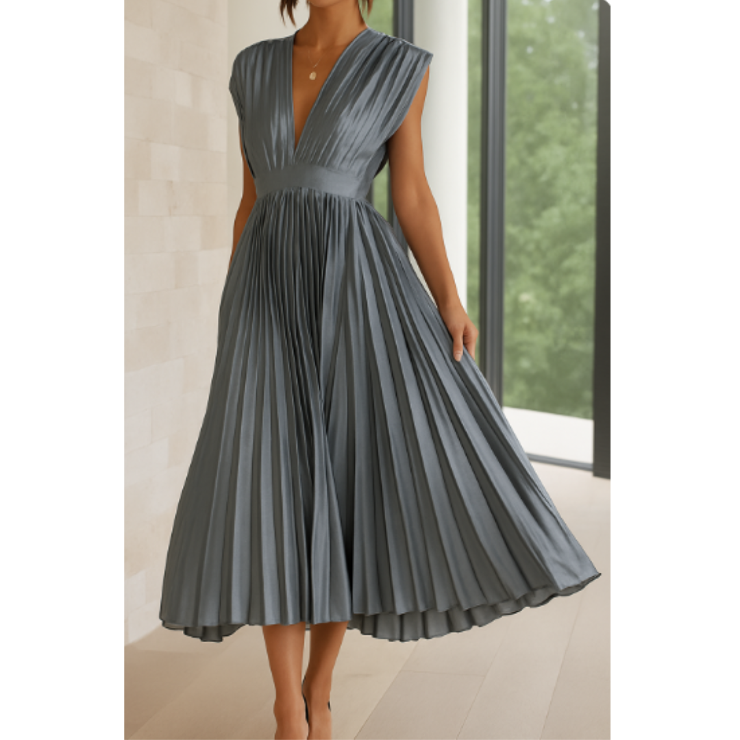 SUENTA Damen Abendkleid – Elegantes Midi Kleid mit V-Ausschnitt Silber