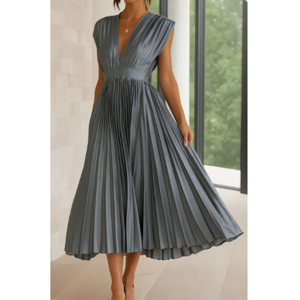 SUENTA Damen Abendkleid - Midi-Länge mit V-Ausschnitt Silber