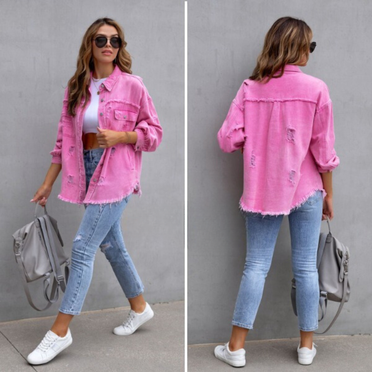 SUENTA Damen Jeansjacke – Moderne Zerschlissene Denim Jacke