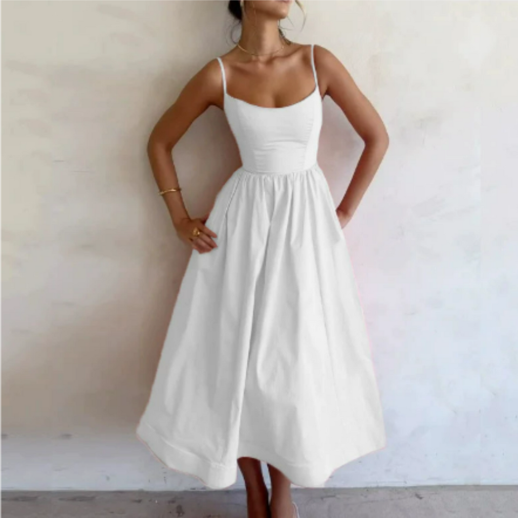 SUENTA Damen Sommer Kleid – Ärmelloses A-Linien Midi Kleid Weiß
