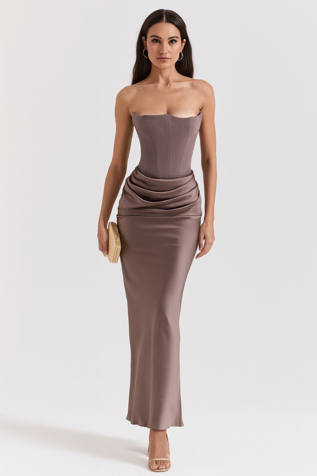 SUENTA Damen Elegantes Trägerloses Maxikleid Bodenlange Form Trägerlose Ausschnitt Braun