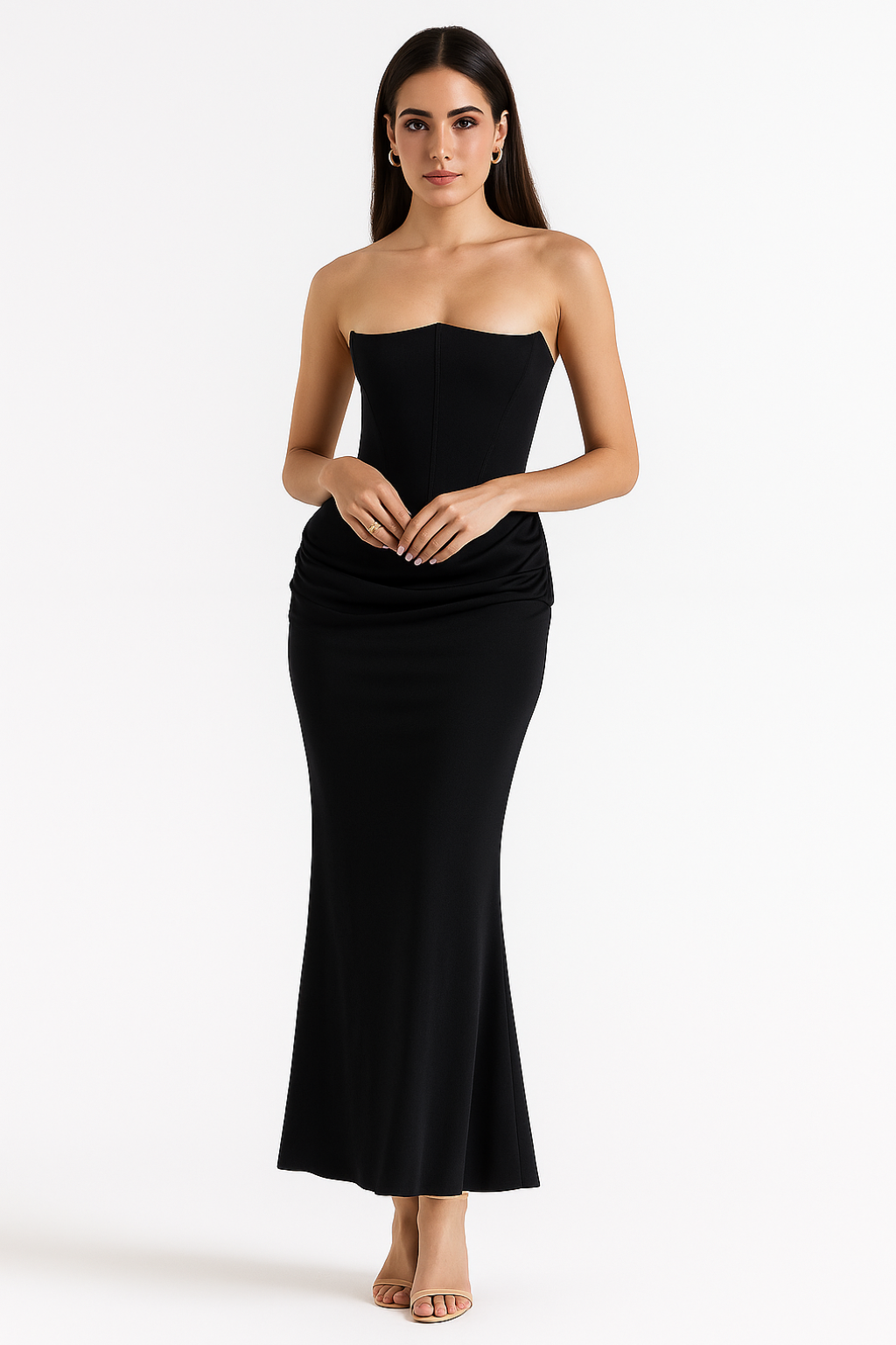 SUENTA Damen Elegantes Trägerloses Maxikleid Bodenlange Form Trägerlose Ausschnitt Schwarz
