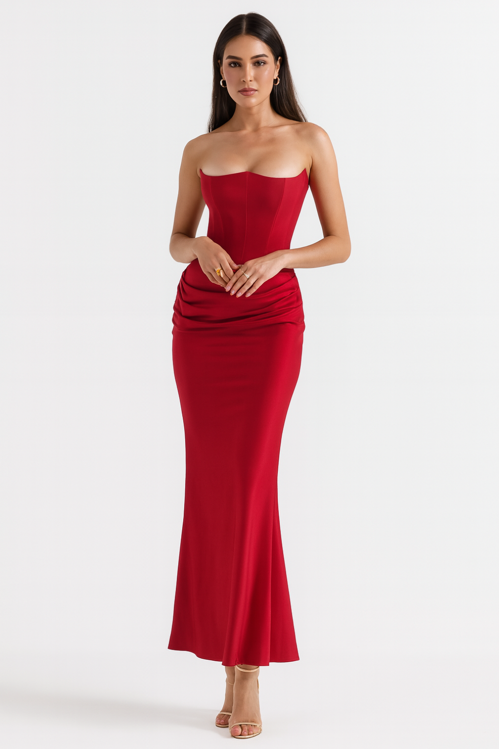 SUENTA Damen Elegantes Trägerloses Maxikleid Bodenlange Form Trägerlose Ausschnitt Rot