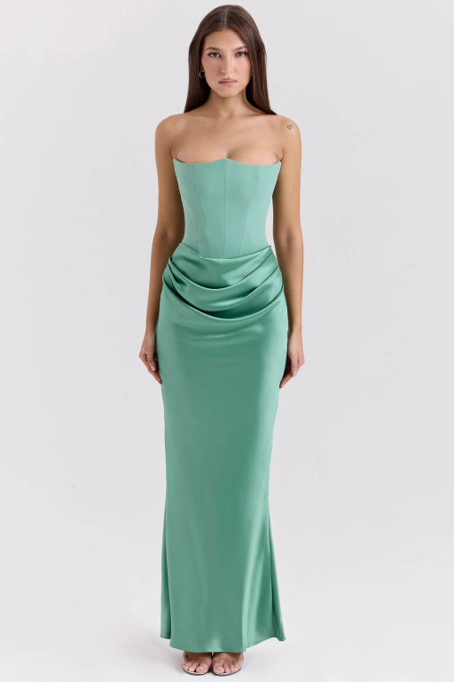 SUENTA Damen Elegantes Trägerloses Maxikleid Bodenlange Form Trägerlose Ausschnitt Grün
