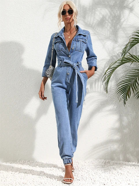 SUENTA Damen Lässiger Denim-Jumpsuit mit Gürtel und langen Ärmeln - Overall Jeansblau