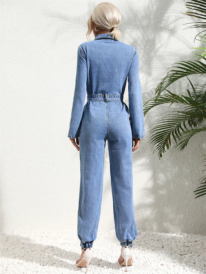 SUENTA Damen Lässiger Denim-Jumpsuit mit Gürtel und langen Ärmeln - Overall