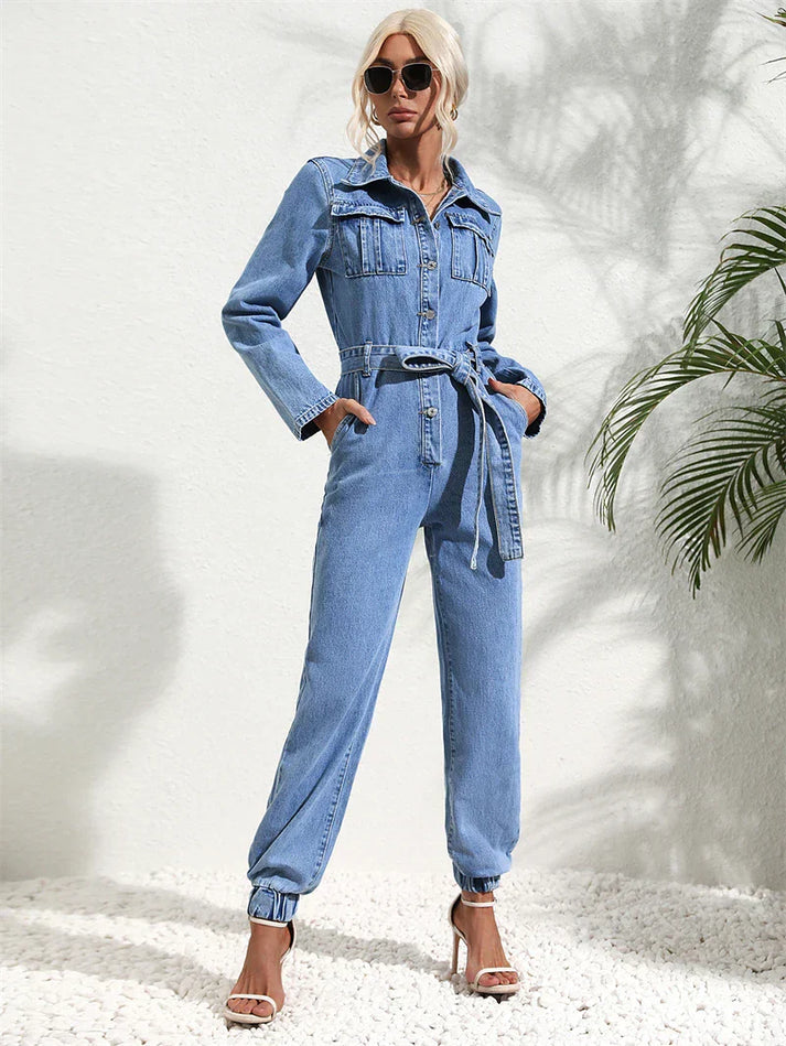 SUENTA Damen Lässiger Denim-Jumpsuit mit Gürtel und langen Ärmeln - Overall