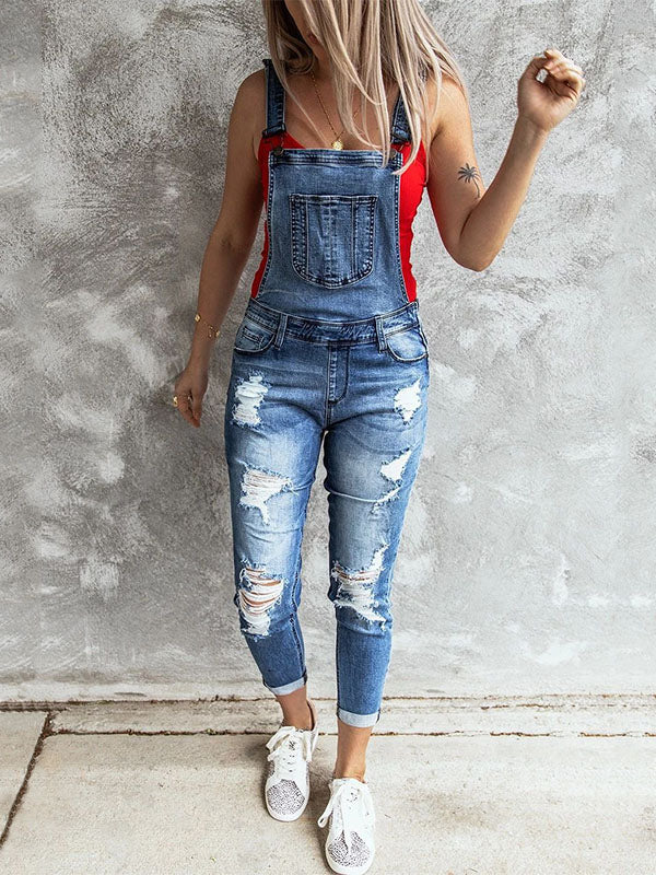 SUENTA Damen Denim Overall – Skinny Vintage Einteiler im Verwaschenen Look Mittelblau