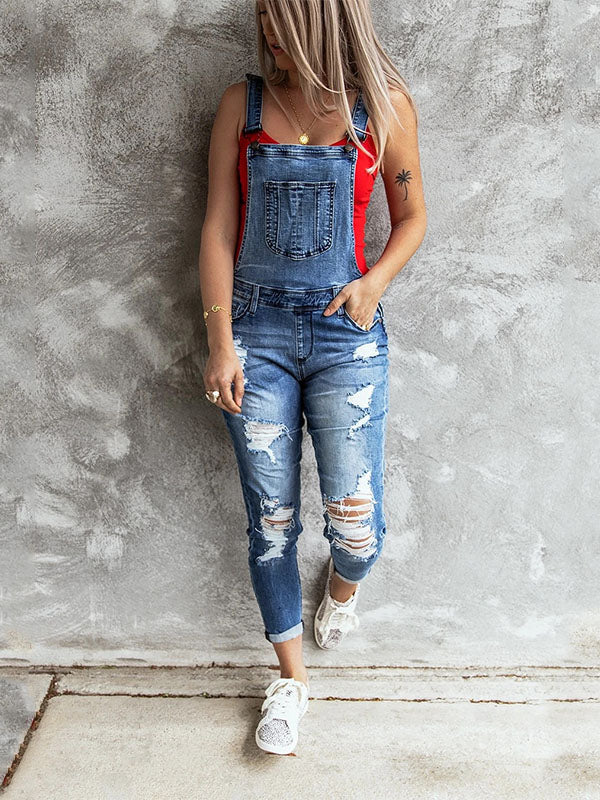 SUENTA Damen Denim Overall – Skinny Vintage Einteiler im Verwaschenen Look