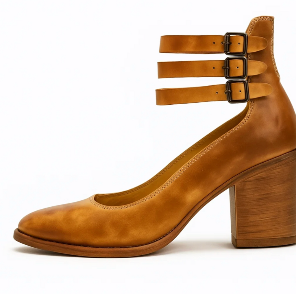 SUENTA Damen Vintage-Eleganz Lederabsätze Leder Doppelten Schnallen Blockabsatz Braun