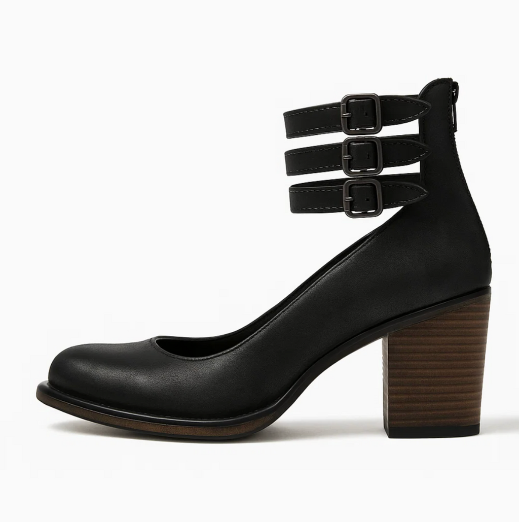 SUENTA Damen Vintage-Eleganz Lederabsätze Leder Doppelten Schnallen Blockabsatz Schwarz