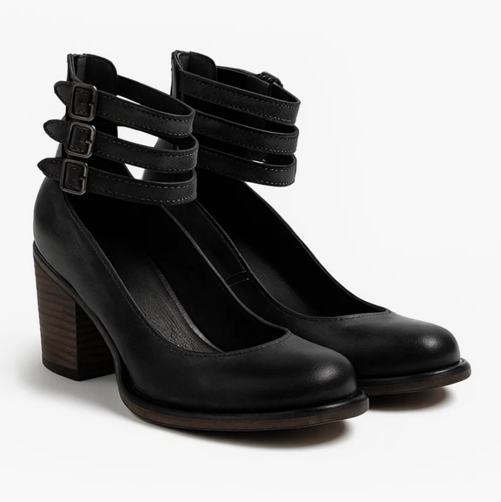 SUENTA Damen Vintage-Eleganz Lederabsätze Leder Doppelten Schnallen Blockabsatz