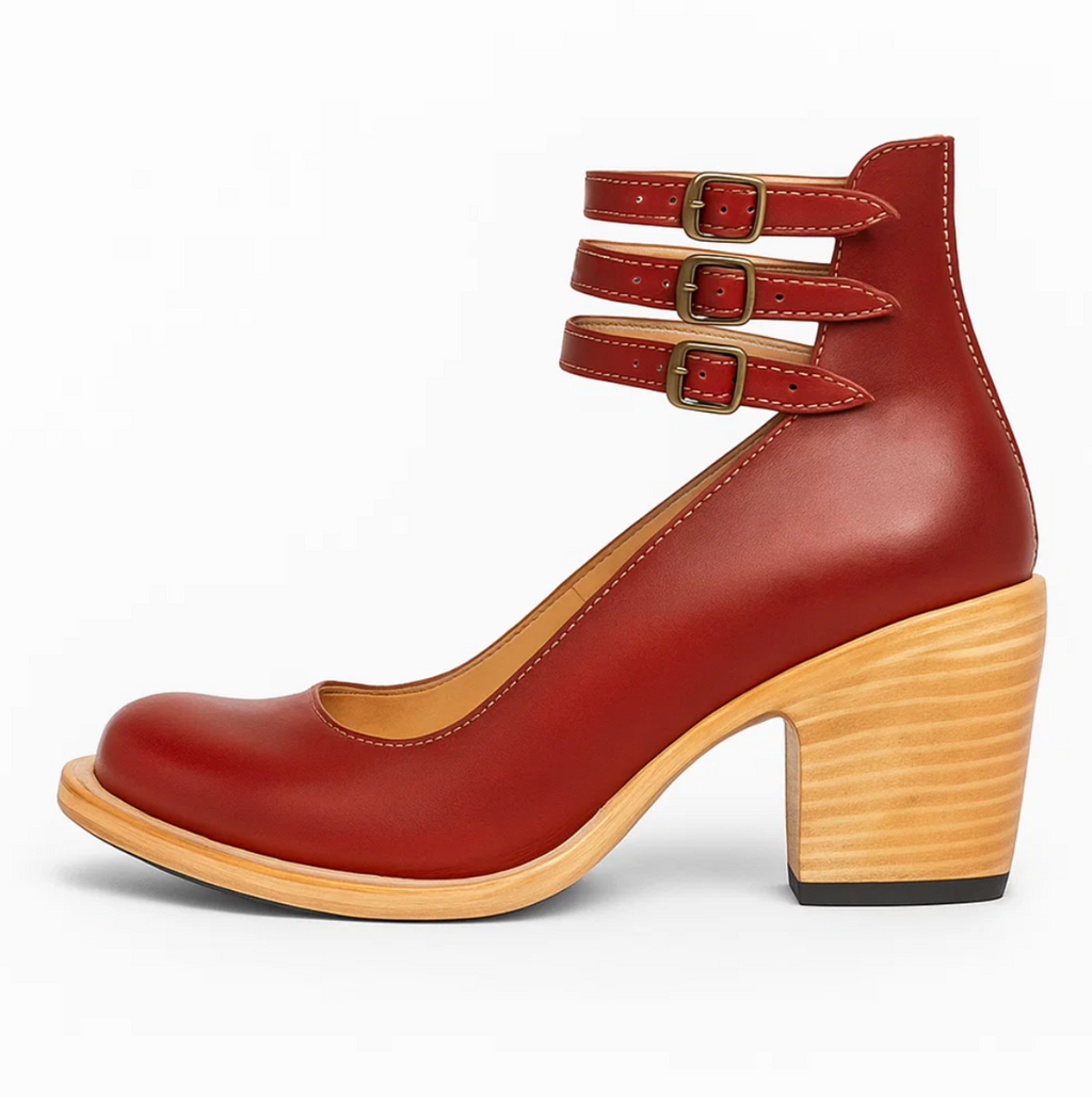 SUENTA Damen Vintage-Eleganz Lederabsätze Leder Doppelten Schnallen Blockabsatz Rot