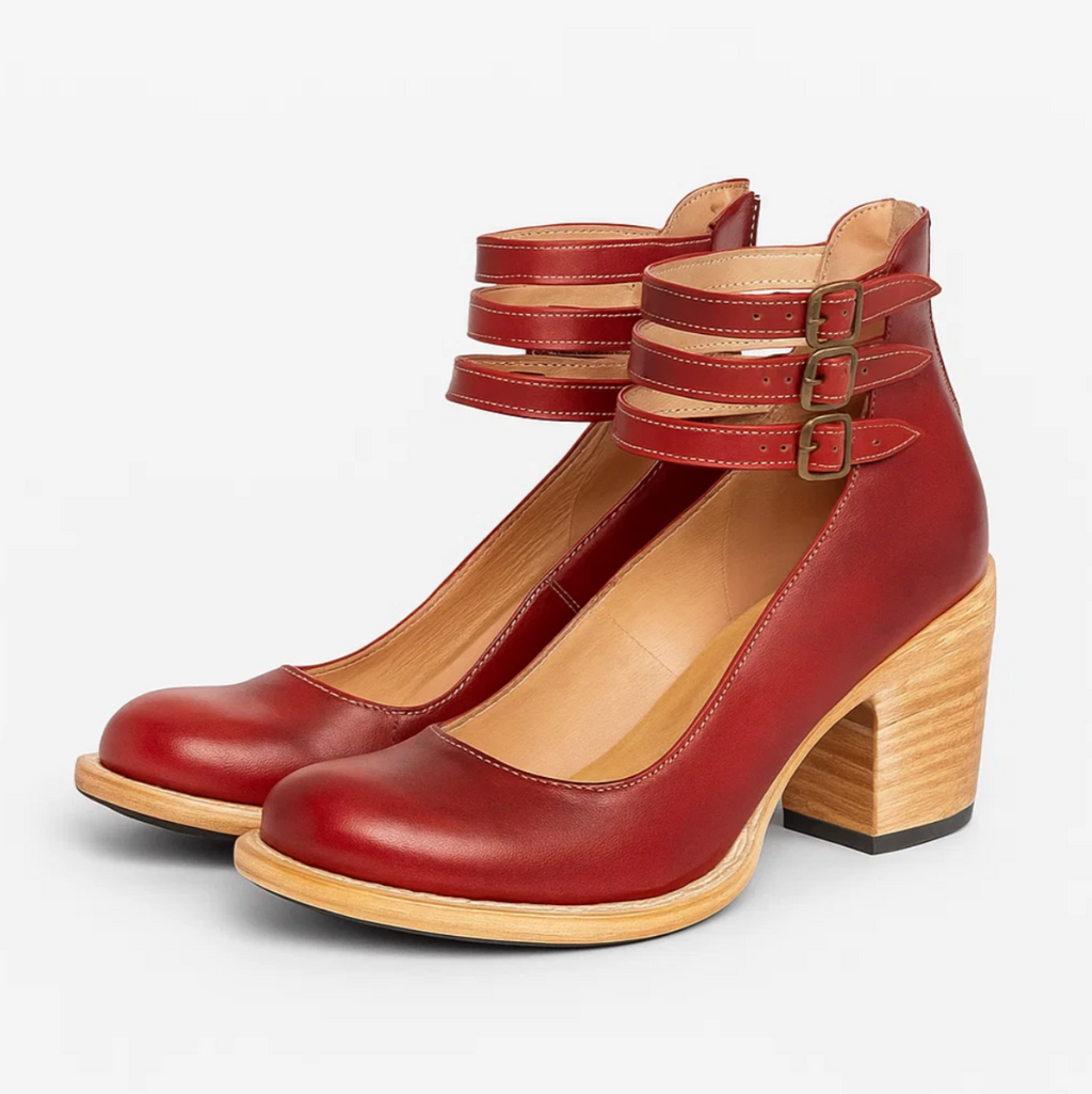 SUENTA Damen Vintage-Eleganz Lederabsätze Leder Doppelten Schnallen Blockabsatz