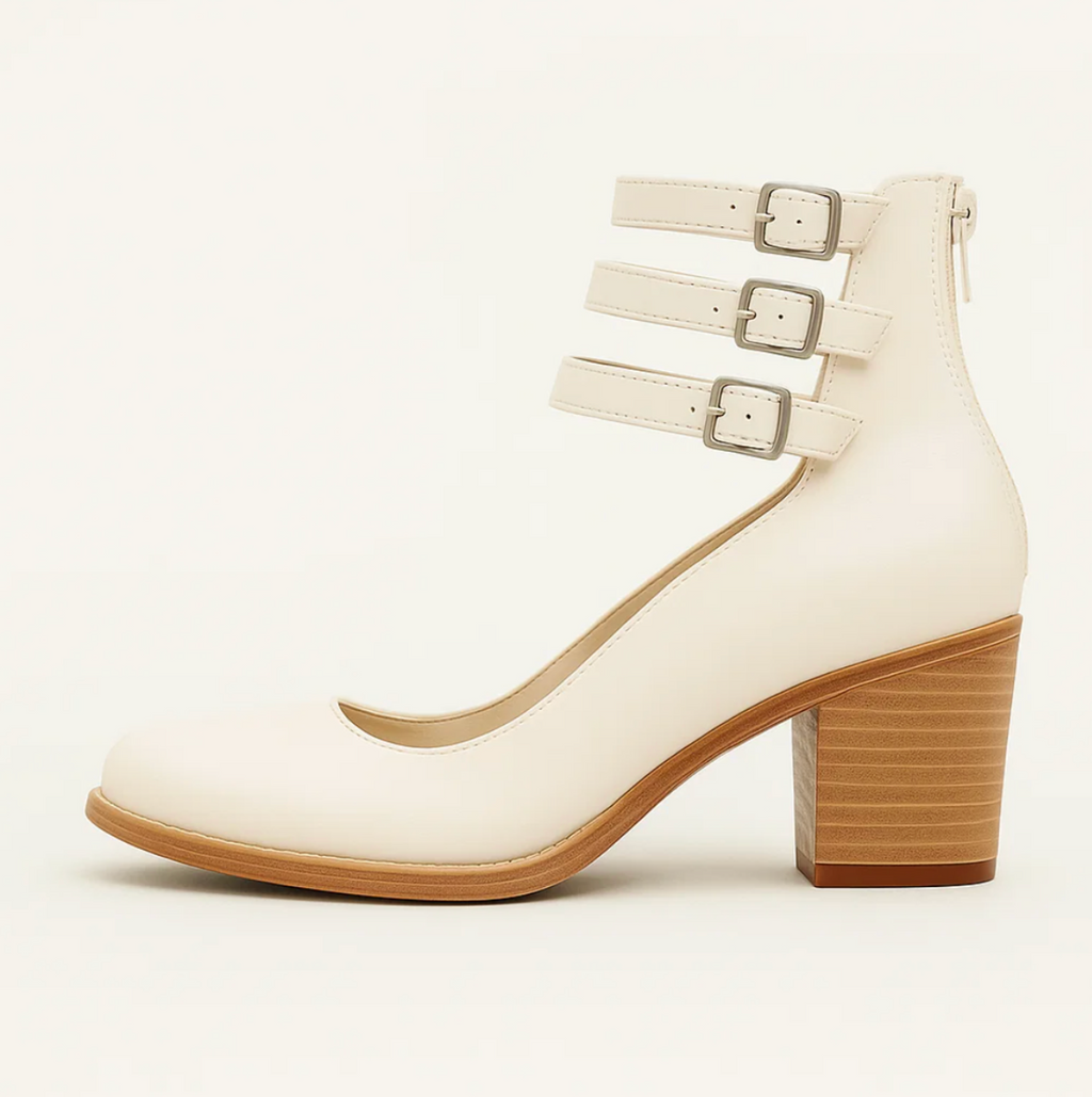 SUENTA Damen Vintage-Eleganz Lederabsätze Leder Doppelten Schnallen Blockabsatz Weiß