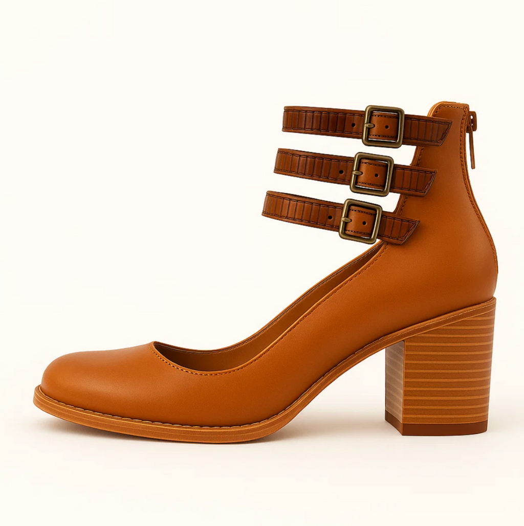 SUENTA Damen Vintage-Eleganz Lederabsätze Leder Doppelten Schnallen Blockabsatz Dunkelbraun