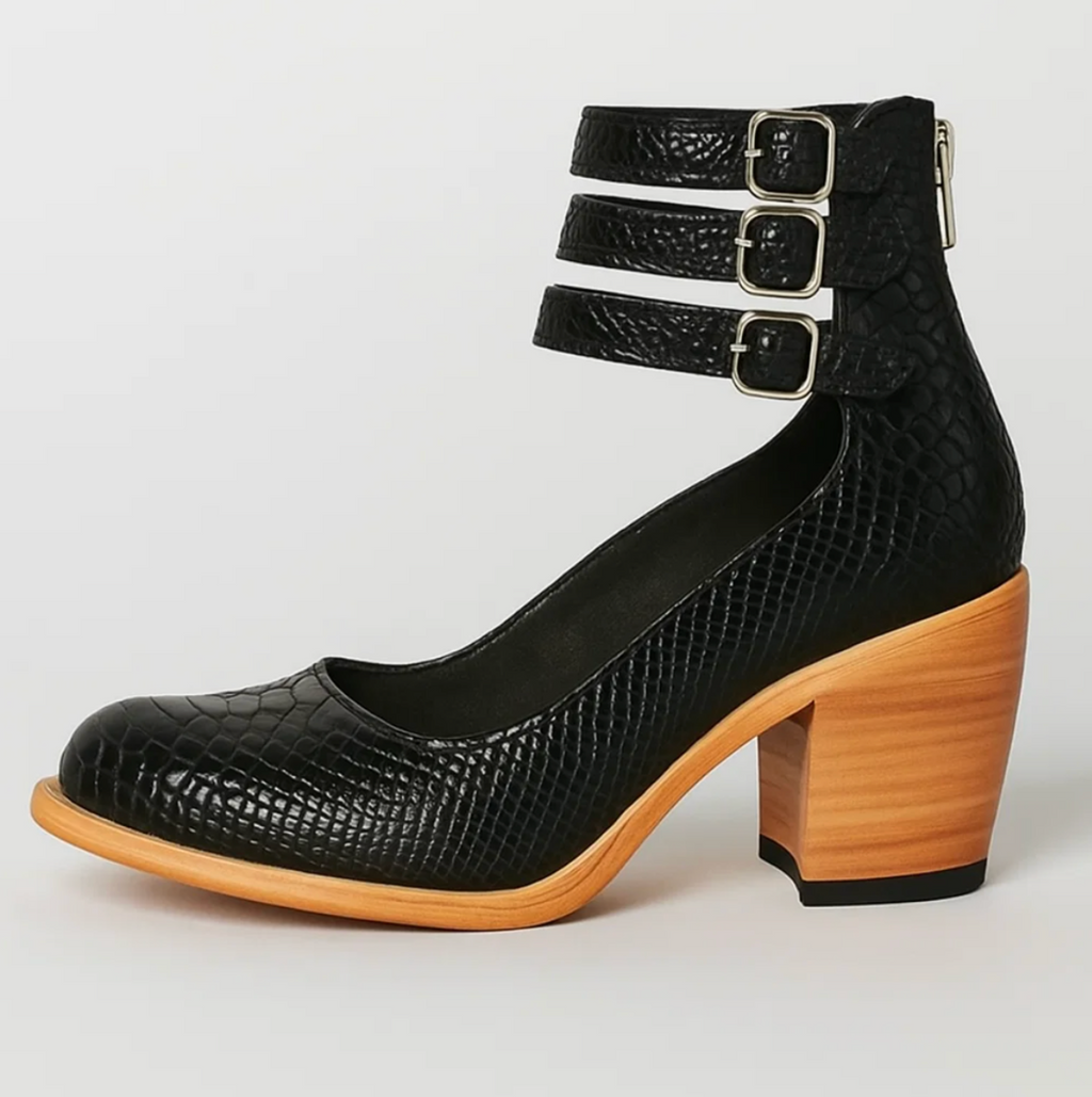 SUENTA Damen Vintage-Eleganz Lederabsätze Leder Doppelten Schnallen Blockabsatz Schwarzer Schlangenprint 42