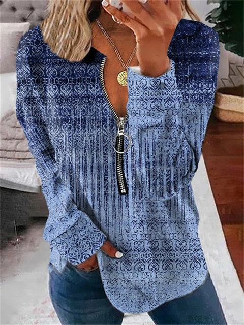 SUENTA Pullover Vintage-Muster Oversize Für Damen Herbst Und Winter Blau