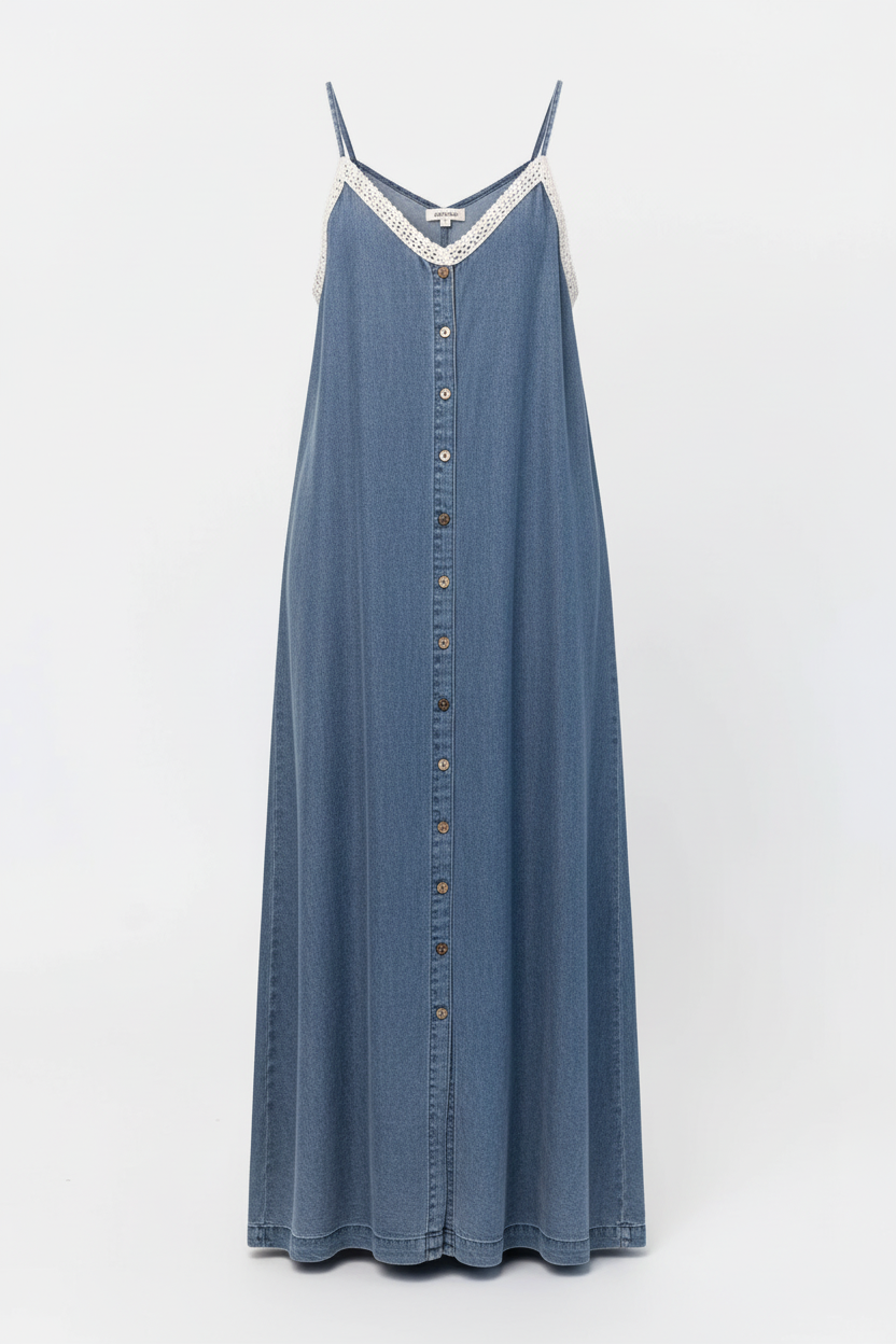 SUENTA Damen Vintage-Inspiriertes Jeans-Maxikleid Mit V-Ausschnitt
