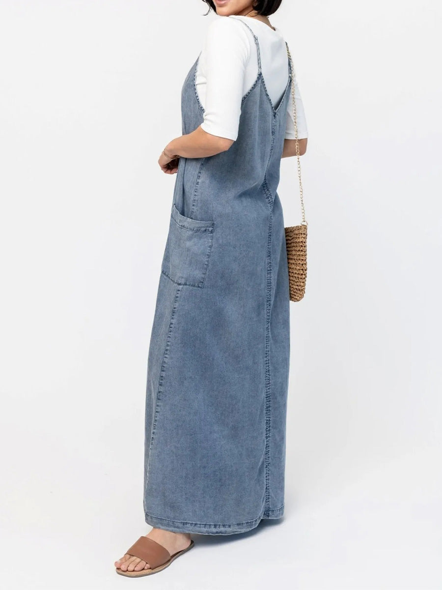 SUENTA Damen Vintage-Inspiriertes Jeans-Maxikleid Mit V-Ausschnitt