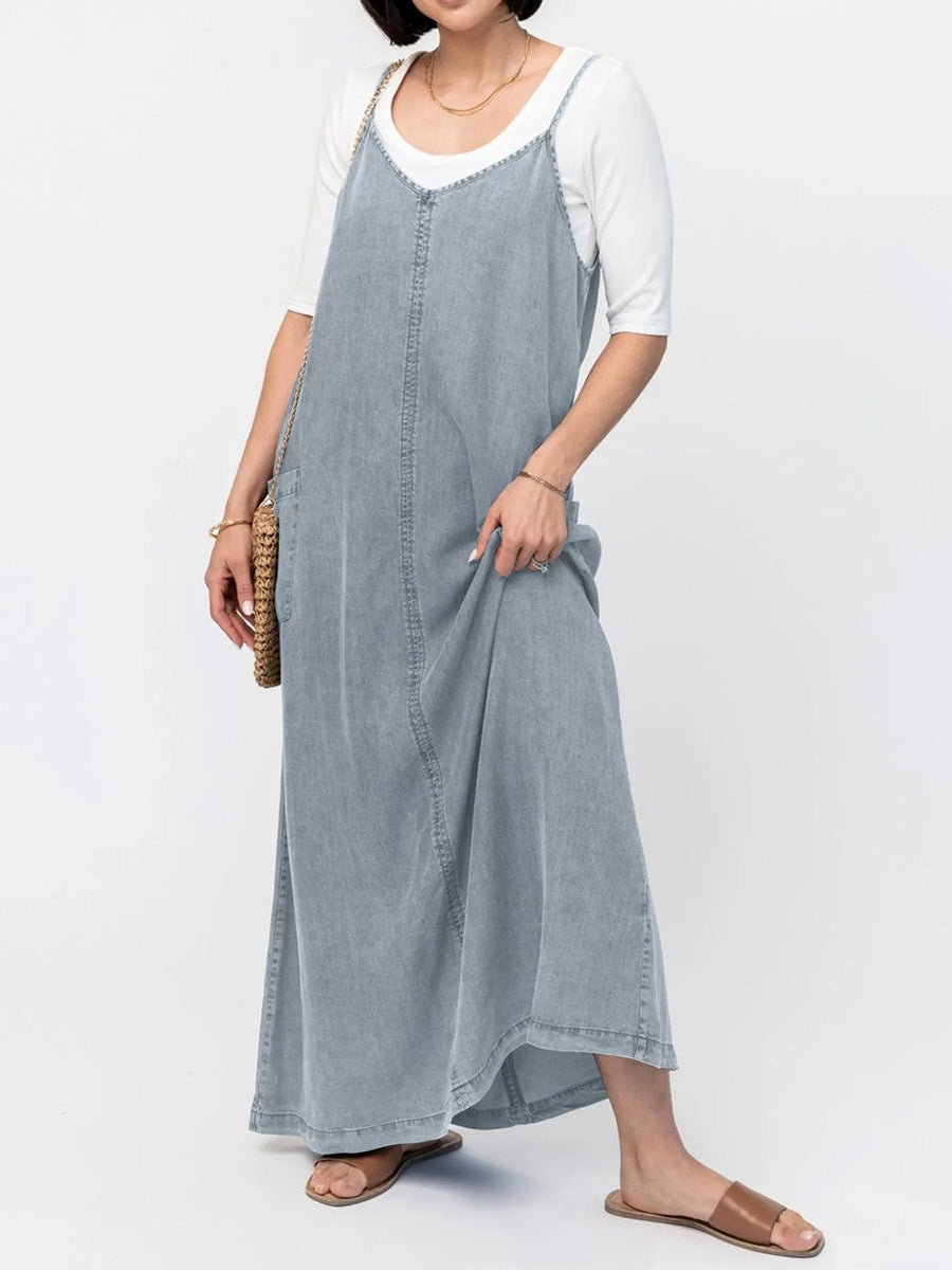 SUENTA Damen Vintage-Inspiriertes Jeans-Maxikleid Mit V-Ausschnitt