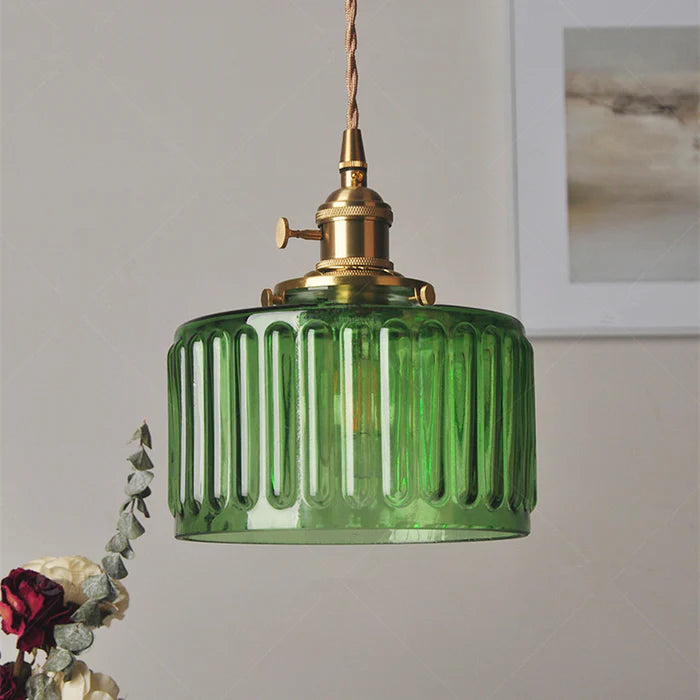 SUENTA Vintage Krystallen-Hängelampe Zylinderglas-Hängeleuchte Grün Einzelner Kopf