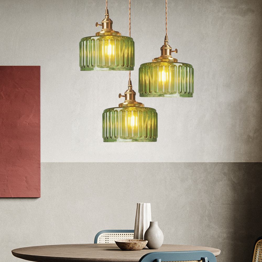 SUENTA Vintage Krystallen-Hängelampe Zylinderglas-Hängeleuchte Grün 3 Köpfe-Rund