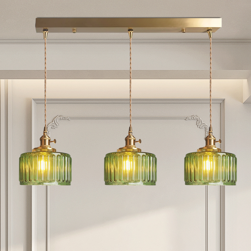SUENTA Vintage Krystallen-Hängelampe Zylinderglas-Hängeleuchte Grün 3 Kopf-Lang