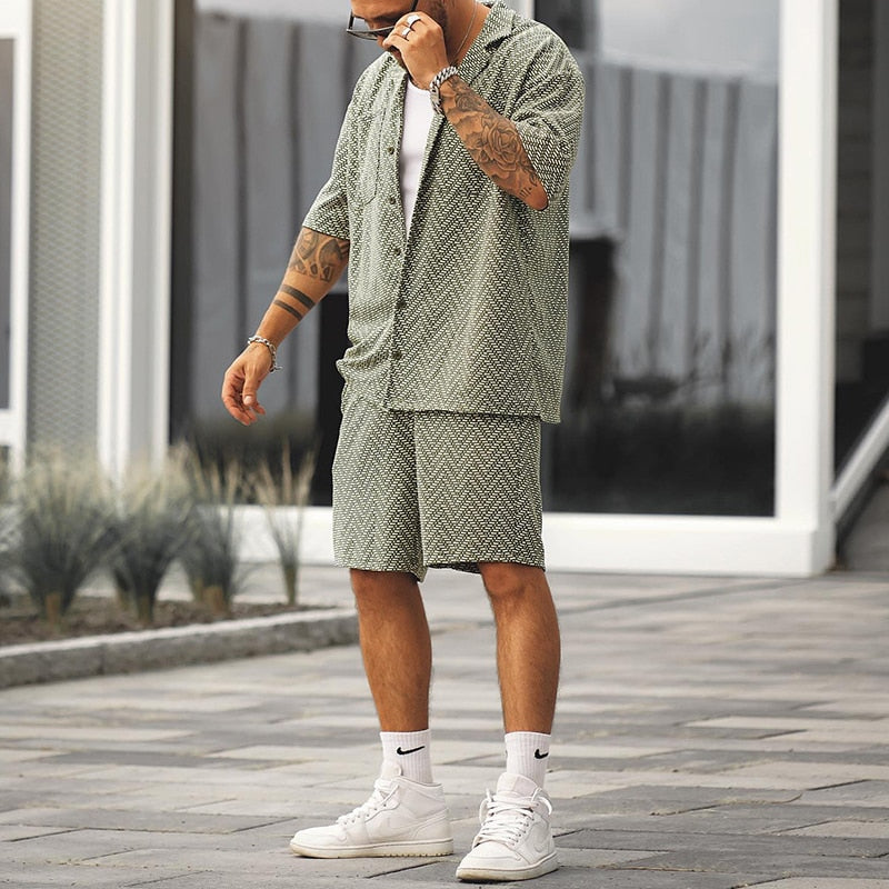SUENTA Herren Vintage Sommer-Set Leichtes Kurzarm-Hemd Shorts Grau