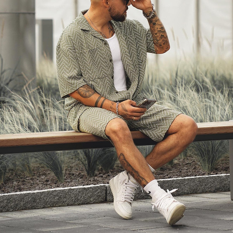 SUENTA Herren Vintage Sommer-Set Leichtes Kurzarm-Hemd Shorts