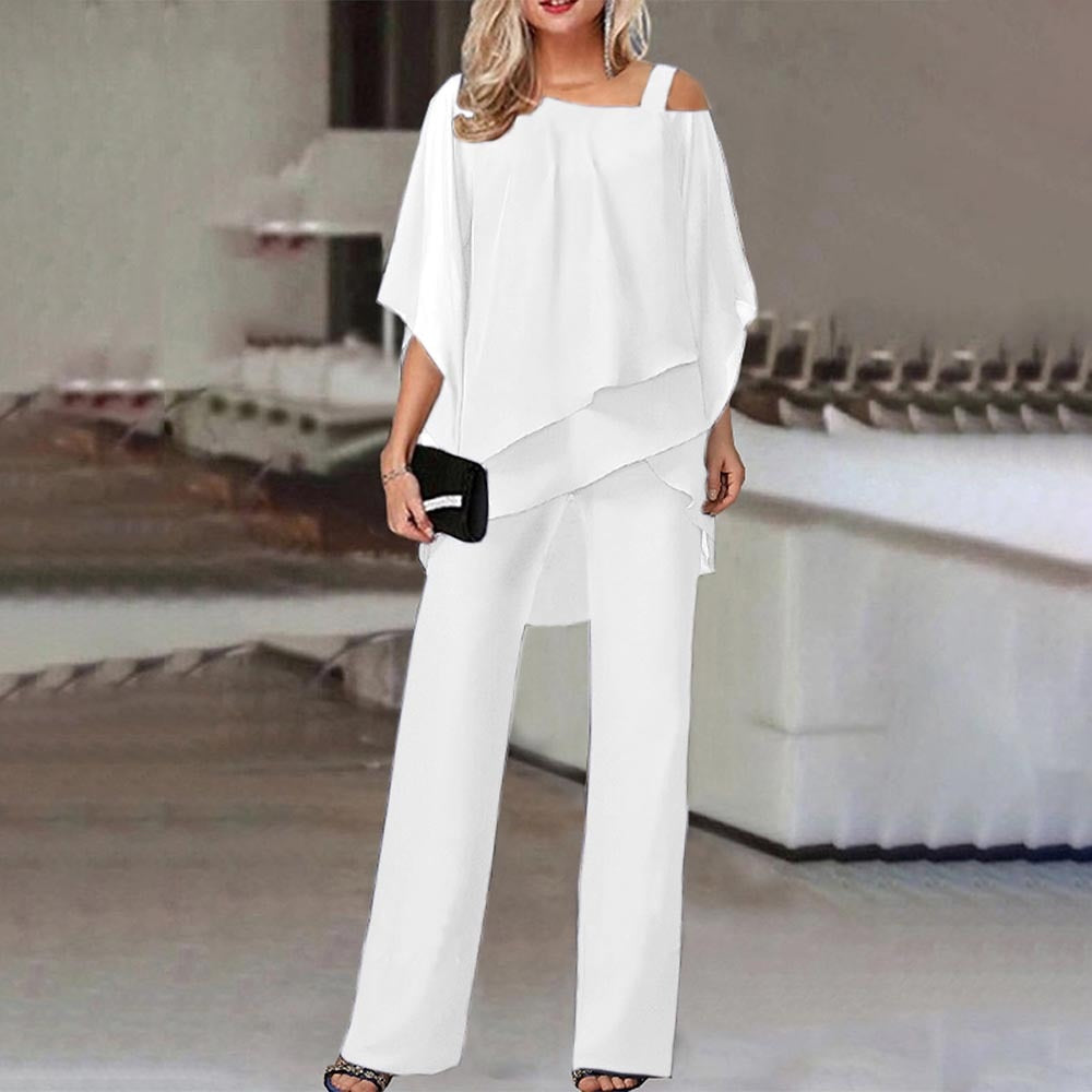 Cicada Damen Zweiteiler Satz | Eleganter Jumpsuit mit Cold Shoulder Bluse