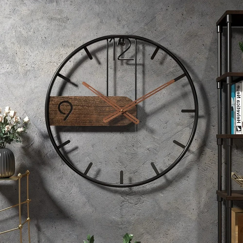 SUENTA Maite Wanduhr Aus Schwarzeisen Und Walnussholz Nordischer Stil