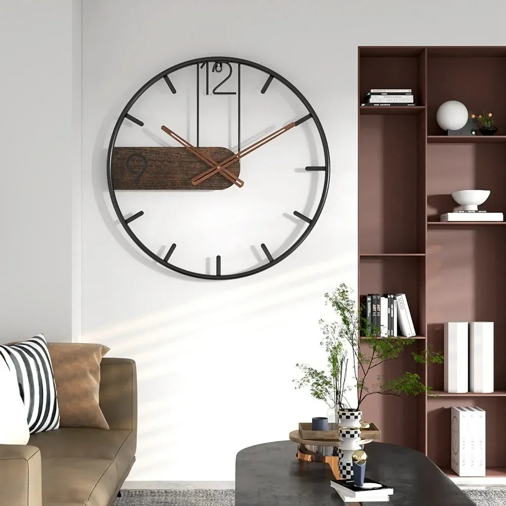 SUENTA Maite Wanduhr Aus Schwarzeisen Und Walnussholz Nordischer Stil