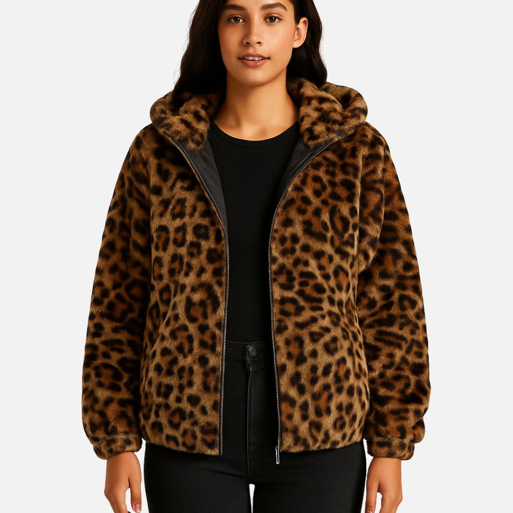 SUENTA Damen Warme Damenjacke Leopardenmuster Weicher Fleece-Cardigan Tier