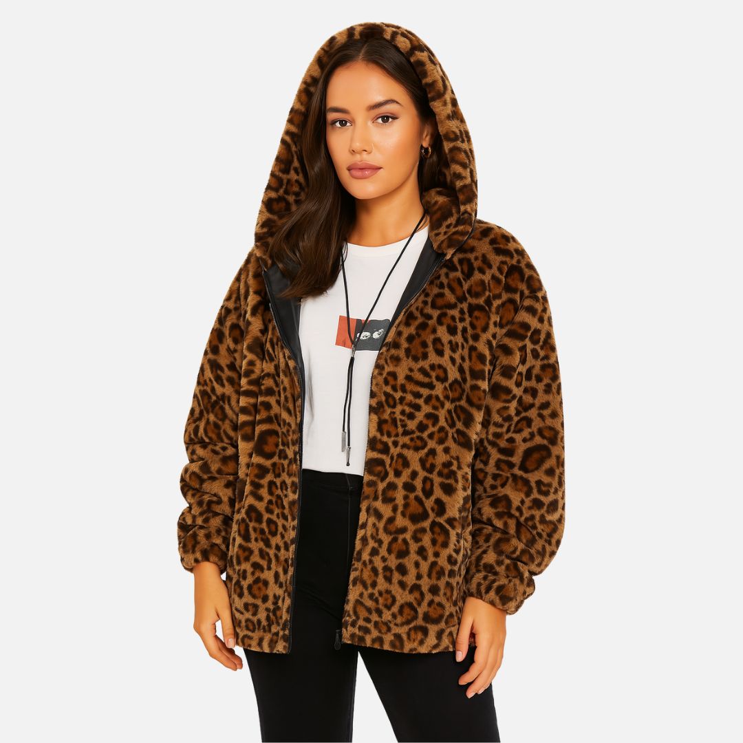 SUENTA Damen Warme Damenjacke Leopardenmuster Weicher Fleece-Cardigan