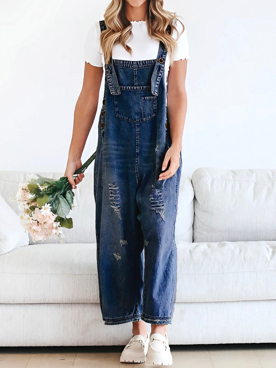 SUENTA Damen Denim Latzhose – Lockerer Distressed Overall aus Gewaschenem Denim Dunkelblau