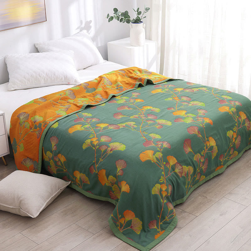 SUENTA Wendebettdecke Baumwolle Leuchtenden Farben Mit Ginkgoblatt-Jacquardmuster Grün & Orange