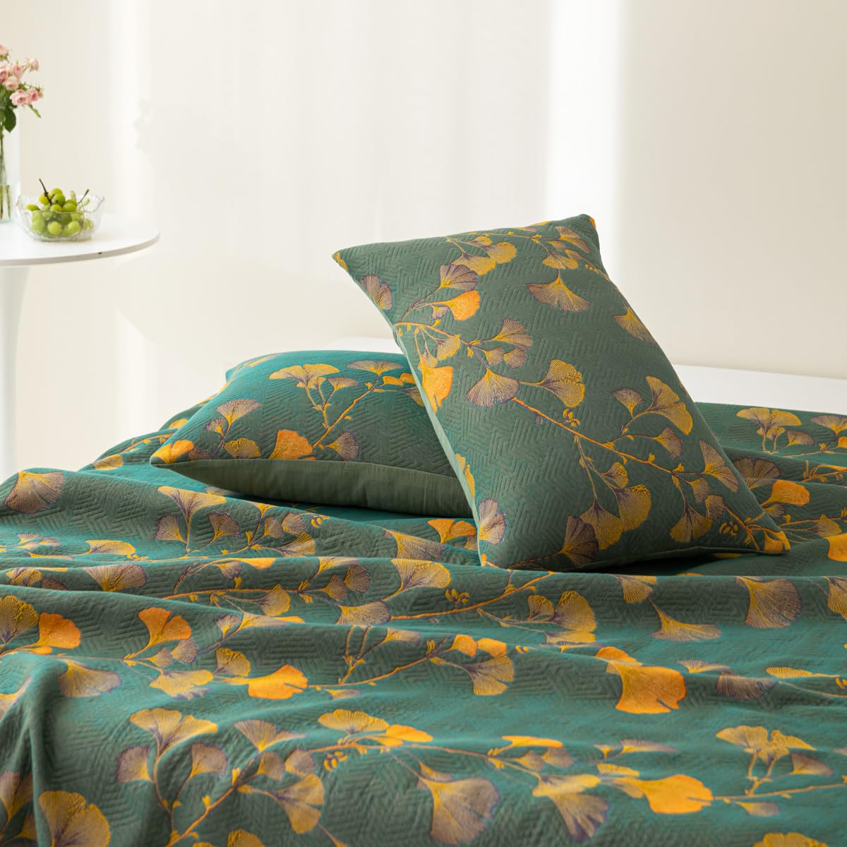 SUENTA Wendebettdecke Baumwolle Leuchtenden Farben Mit Ginkgoblatt-Jacquardmuster Grün & Orange 2 Kissenbezüge: 19" x 29