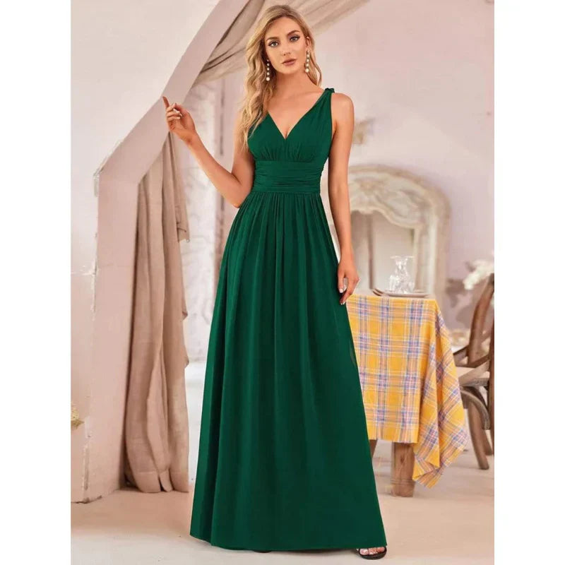 SUENTA Damen Elegantes Maxi Kleid – Ärmelloses Kleid mit V-Ausschnitt Dunkle Grün
