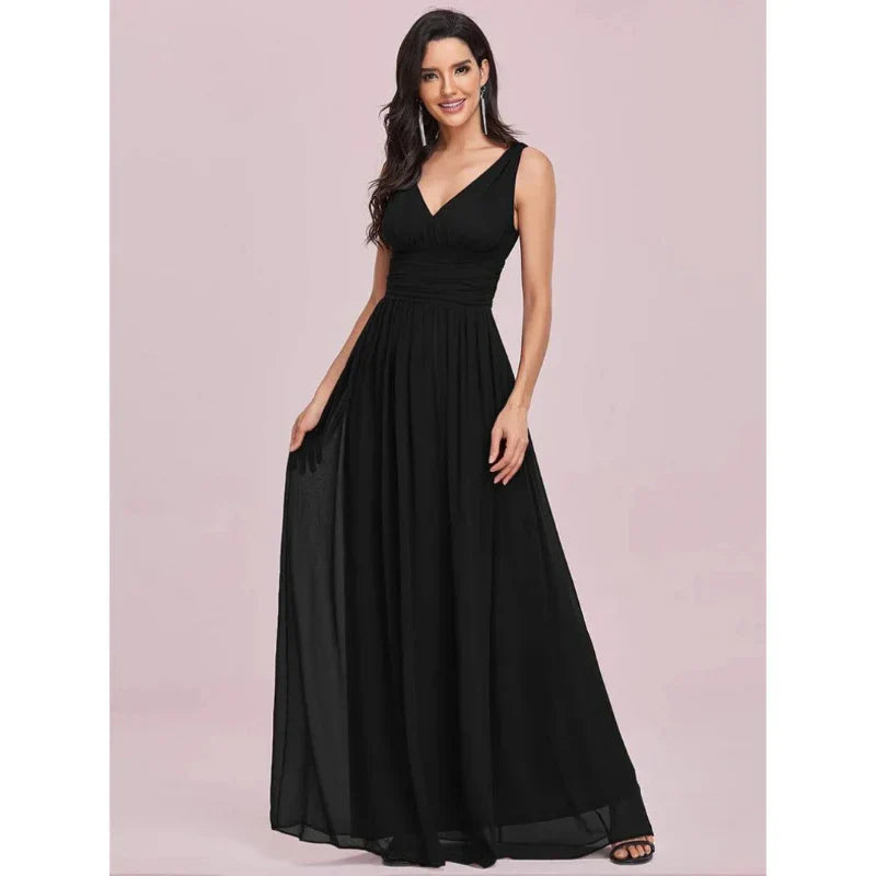 SUENTA Damen Elegantes Maxi Kleid – Ärmelloses Kleid mit V-Ausschnitt Schwarz