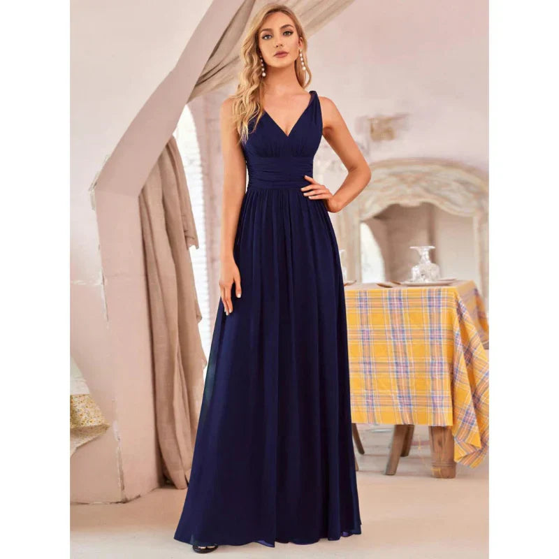 SUENTA Damen Elegantes Maxi Kleid – Ärmelloses Kleid mit V-Ausschnitt Marine Blau